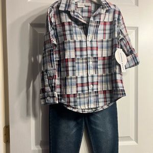 Toddler boys plaid shirt and super soft pull up jeans. I have 2 sets.
